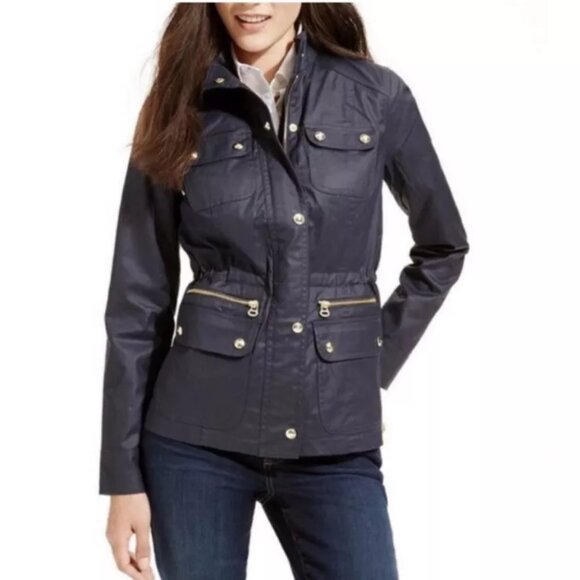 Tommy Hilfiger Coated Utility Military Rain Jacket Gold Zip Snap Close Navy LRG - Picture 1 of 12